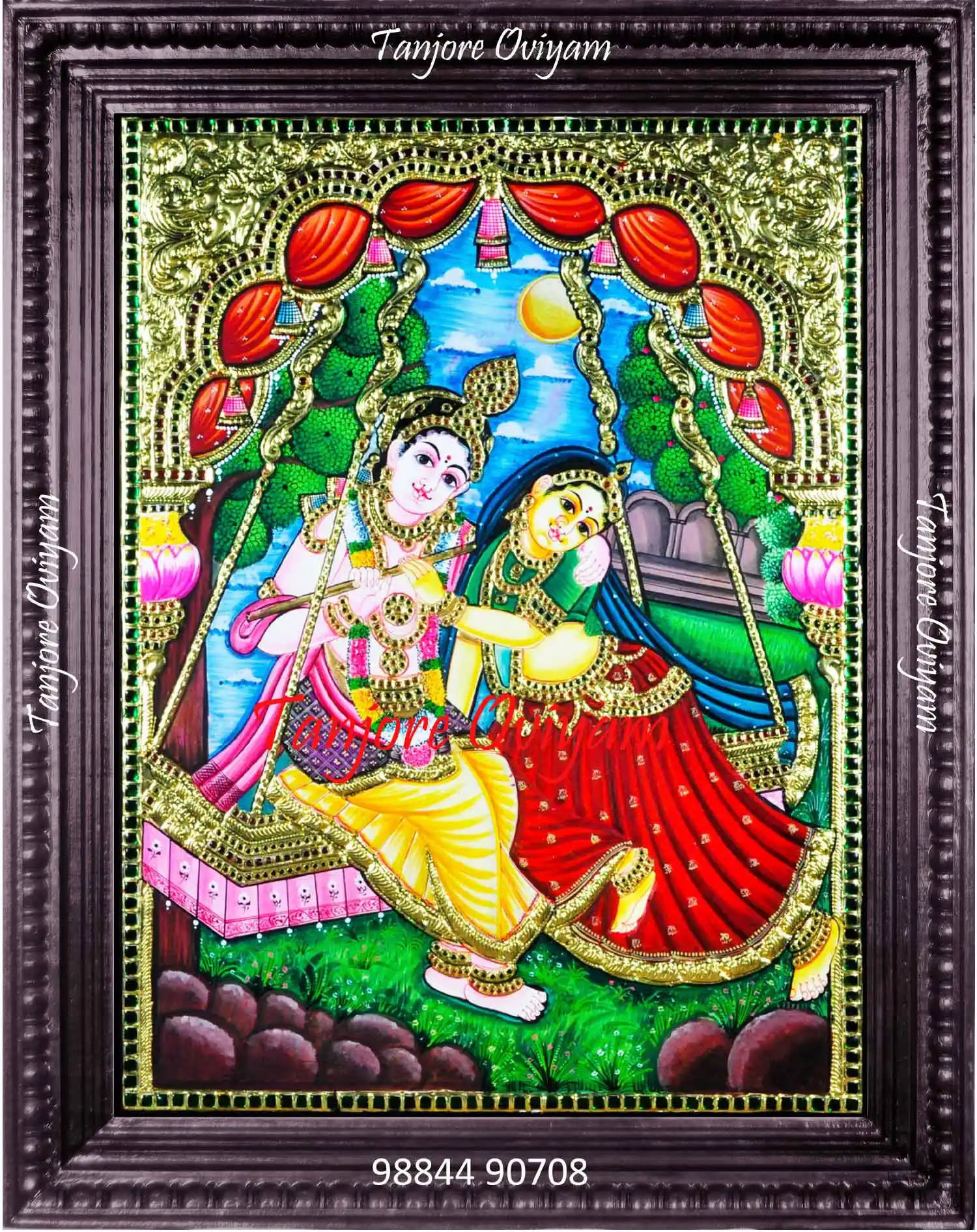 Radha Krishna on swing Tanjore painting with gold, natural background and traditional detailing